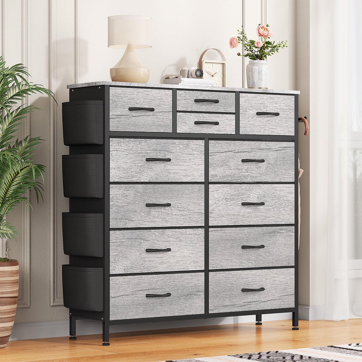 Aowos 12 Drawers Dresser Chest of Drawers Fabric Dressers for Bedroom with Hooks and Side Pockets for Living Room, Oak