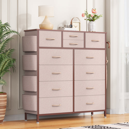 Aowos 12 Drawers Dresser Chest of Drawers Fabric Dressers for Bedroom with Hooks and Side Pockets for Living Room, Pink