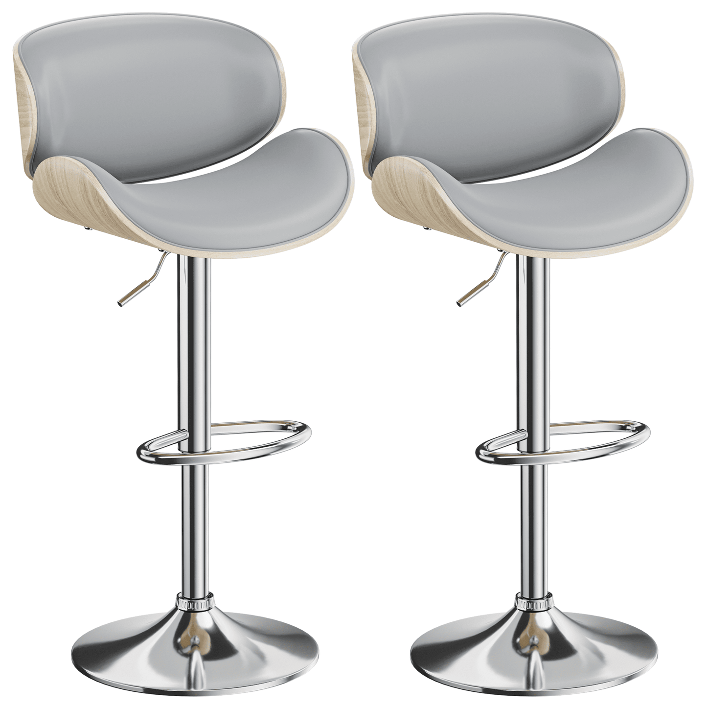 Aowos Bar Stools Adjustable Swivel Barstools Counter Stools with Back Sets of 2, Mid-Century Modern PU Leather Upholstered Counter Height Barstools, Kitchen Island Bar Chairs, Gray