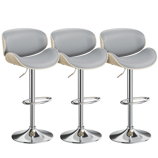 Aowos Bar Stools Adjustable Swivel Barstools Counter Stools with Back Sets of 3, Mid-Century Modern PU Leather Upholstered Counter Height Barstools, Kitchen Island Bar Chairs, Gray