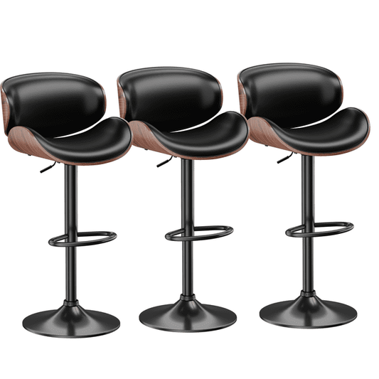 Aowos Bar Stools Set of 3 Adjustable Swivel Bar Stools, Mid-Century Modern PU Leather Upholstered Counter Barstools, Kitchen Island Chair with Back, Black