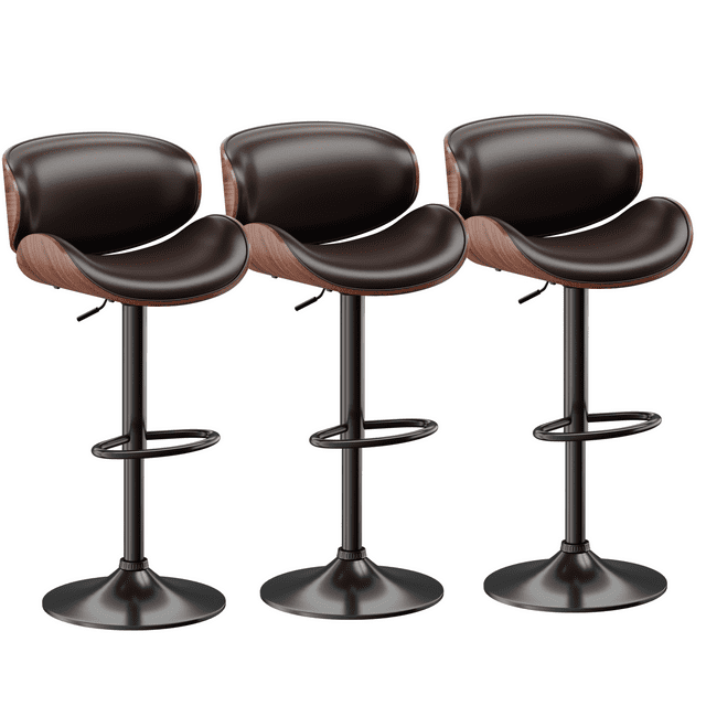 Aowos Bar Stools Set of 3 Adjustable Swivel Bar Stools, Mid-Century Modern PU Leather Upholstered Counter Barstools, Kitchen Island Chair with Back, Brown