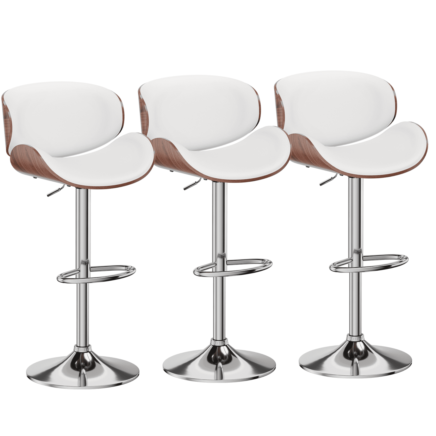 Aowos Bar Stools Set of 3 Adjustable Swivel Bar Stools, Mid-Century Modern PU Leather Upholstered Counter Barstools, Kitchen Island Chair with Back, White