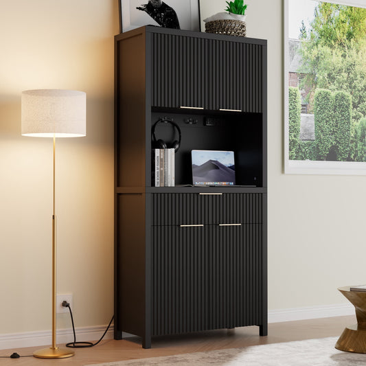 GIKPAL Pantry Cabinet with Charging Station, Fluted Kitchen Pantry Storage Cabinet with Shelves and Drawer, Boho Kitchen Hutch with Microwave Stand for Dining Living Room, Black