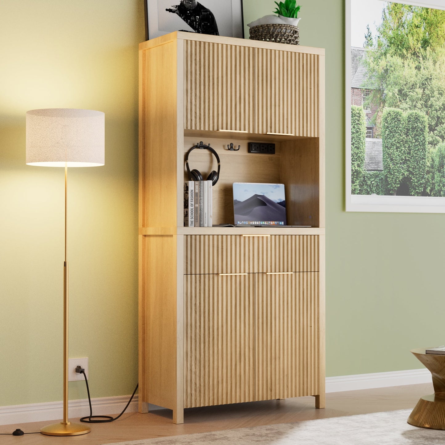 GIKPAL Pantry Cabinet with Charging Station, Fluted Kitchen Pantry Storage Cabinet with Shelves and Drawer, Boho Kitchen Hutch with Microwave Stand for Dining Living Room, Natural Oak