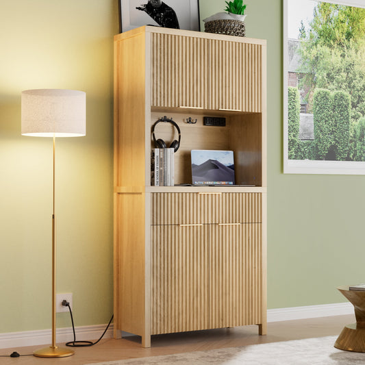 GIKPAL Pantry Cabinet with Charging Station, Fluted Kitchen Pantry Storage Cabinet with Shelves and Drawer, Boho Kitchen Hutch with Microwave Stand for Dining Living Room, Natural Oak