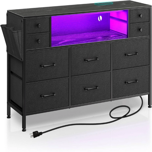 GIKPAL Dressers for Bedroom with LED Lights, Black Wide Dresser TV Stand with 11 Drawers, Fabric Chest of Drawers, Storage Organizer with Power Outlet