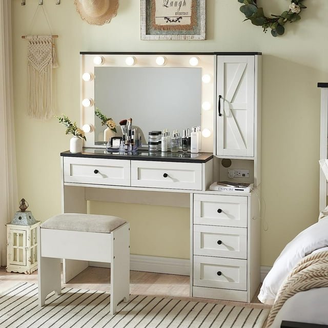 Farmhouse Makeup Vanity Desk with Mirror and Lights, Vanity Table with Glass Tabletop, Charging Station, Makeup Vanity Desk Dressing Table with 2 Drawers, Storage Shelves for Bedroom,White by GIKPAL