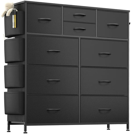 Aowos 10 Fabric Drawer Dresser for Bedroom Chest of Drawers with Wooden Top, Black