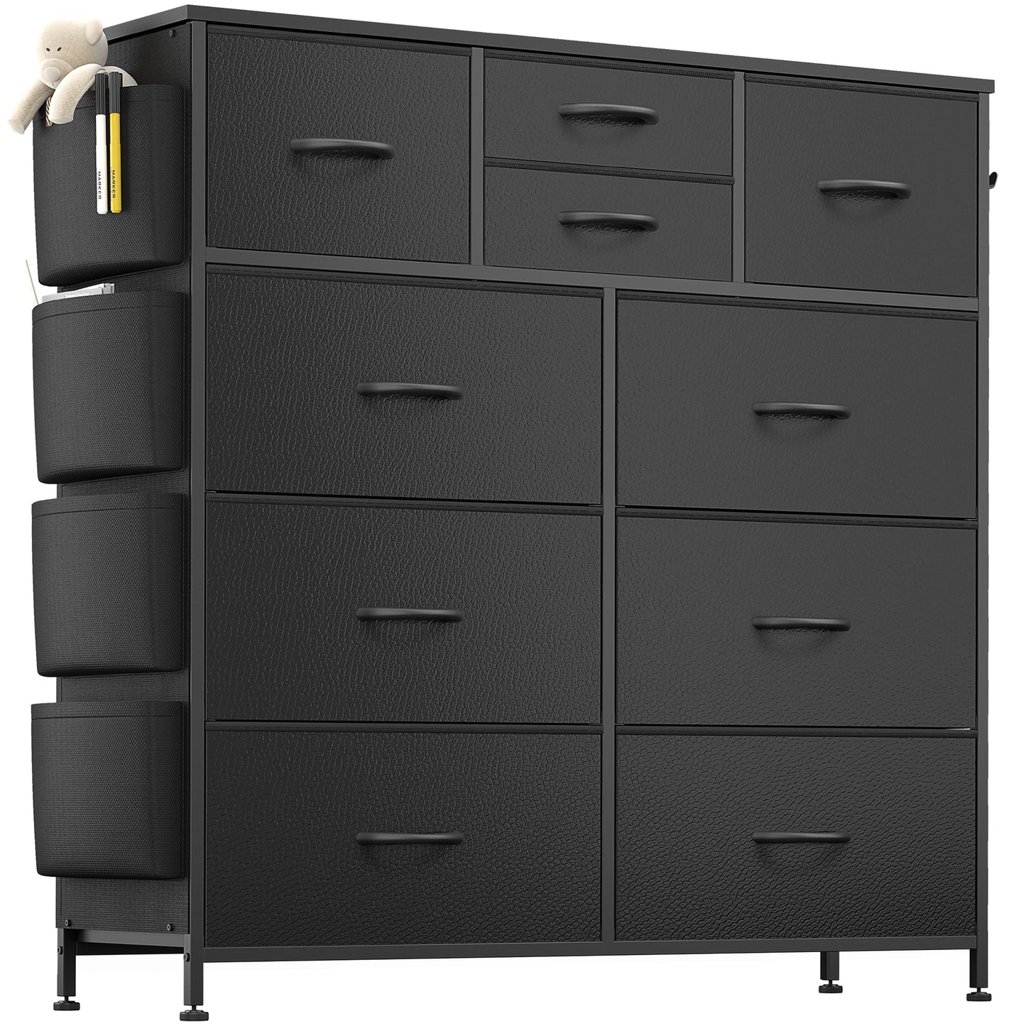 GIKPAL 10 Drawer Dresser, Black Dresser Chest of Drawers Dressers for Bedroom PU&Fabric Dresser with Side Pockets and Hooks, Black