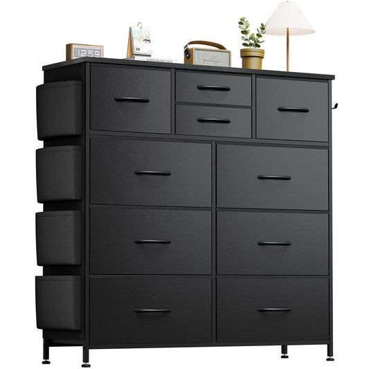 GIKPAL 10 Drawer Dresser, Chest of Drawers for Bedroom with Side Pockets and Hooks PU Leather Finish Black