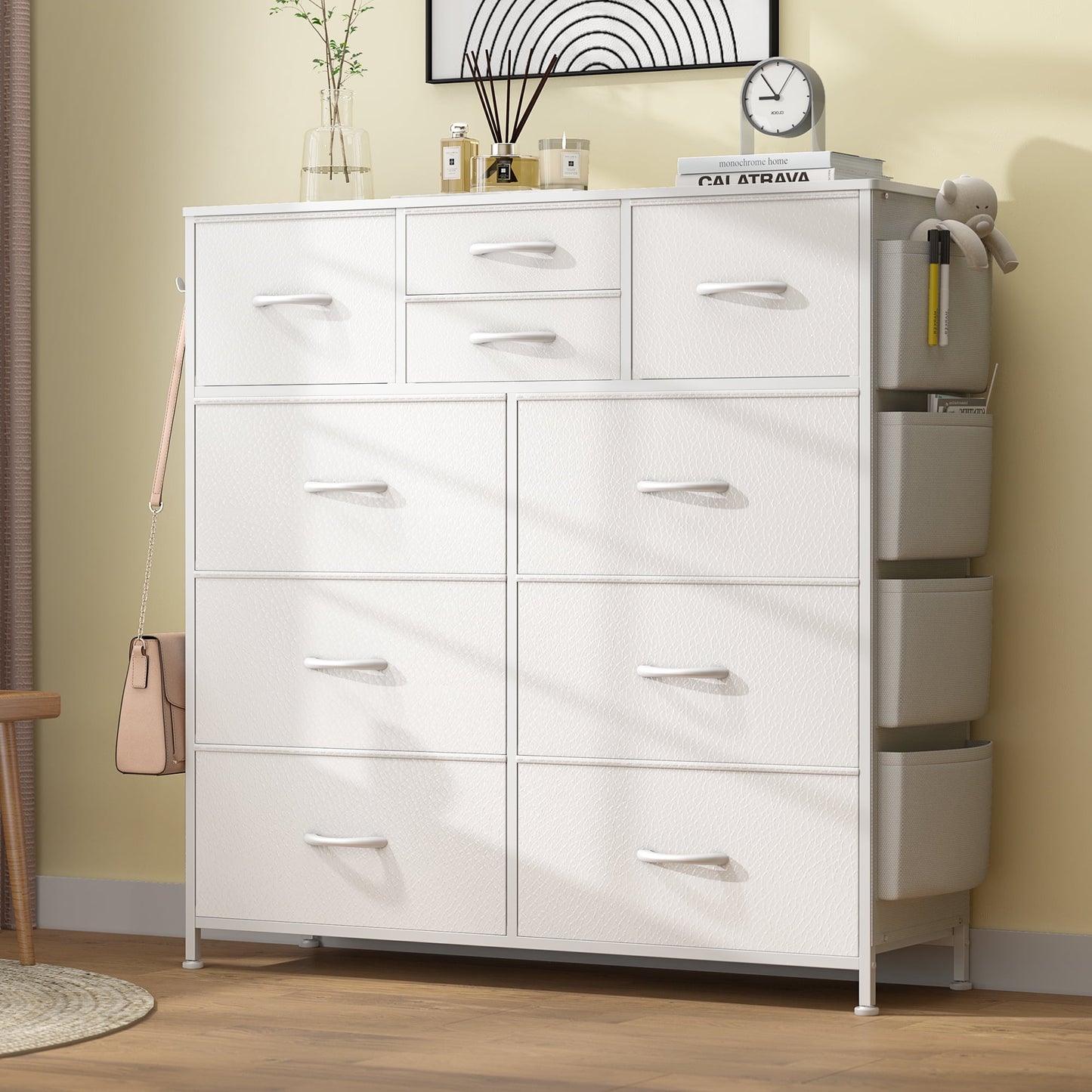 GIKPAL 10 Drawer Dresser, Chest of Drawers for Bedroom with Side Pockets and Hooks, White