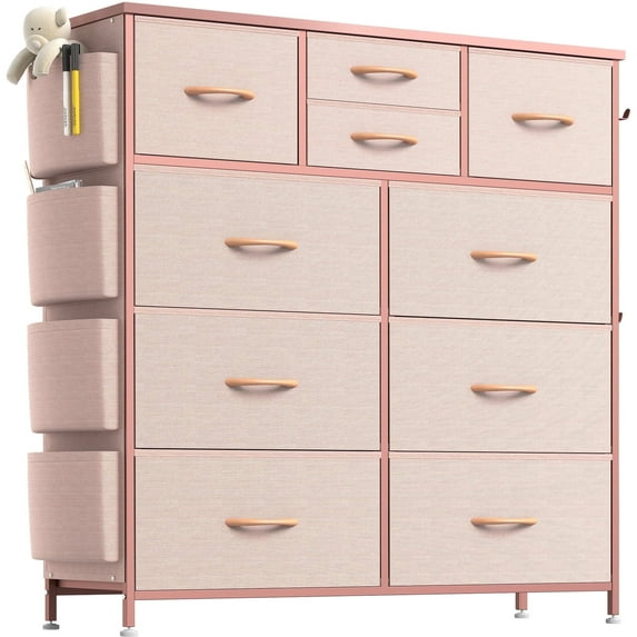 GIKPAL 10 Drawer Dresser, Dressers for Bedroom Chest of Drawers Fabric Dressers with Side Pockets and Hooks, Pink.