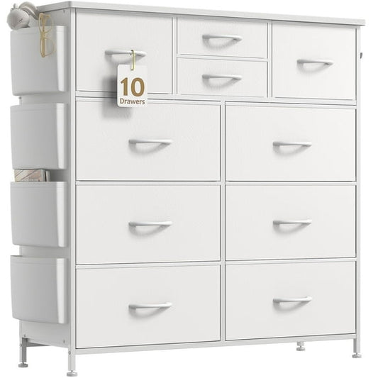 Aowos 10 Fabric Drawer Dresser for Bedroom Chest of Drawers with Wooden Top, White