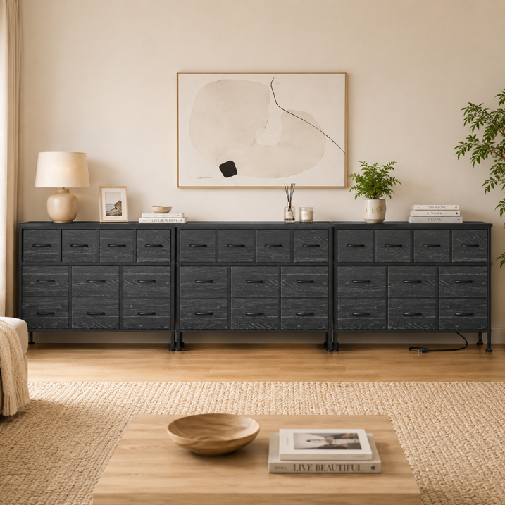 GIKPAL Dresser TV Stand, 10 Drawer Dressers for Bedroom with Power Outlet, Chest of Drawers for 55" Long TV, Fabric Dresser for Storage and Organization, Black Set of 3