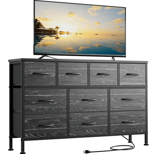 GIKPAL 10 Drawers Dresser, 47" TV Stand with Power Outlet, Bedroom Dresser for TV up to 55", Black