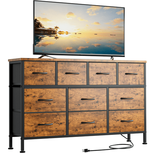 GIKPAL 10 Drawers Dresser, 47" TV Stand with Power Outlet, Bedroom Dresser for TV up to 55", Brown