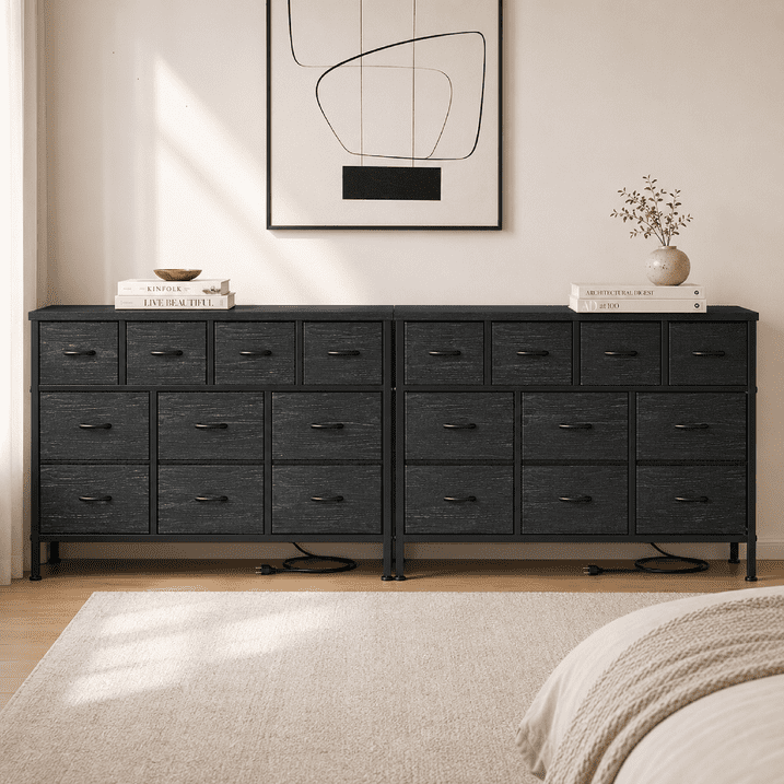 GIKPAL Dresser TV Stand, 10 Drawer Dressers for Bedroom with Power Outlet, Chest of Drawers for 55" Long TV, Fabric Dresser for Storage and Organization, Black Set of 2