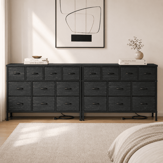 GIKPAL Dresser TV Stand, 10 Drawer Dressers for Bedroom with Power Outlet, Chest of Drawers for 55" Long TV, Fabric Dresser for Storage and Organization, Black Set of 2
