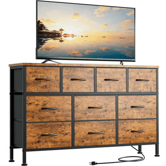GIKPAL 10 Drawers Dresser, 47" TV Stand with Power Outlet, Bedroom Dresser for TV up to 55", Brown