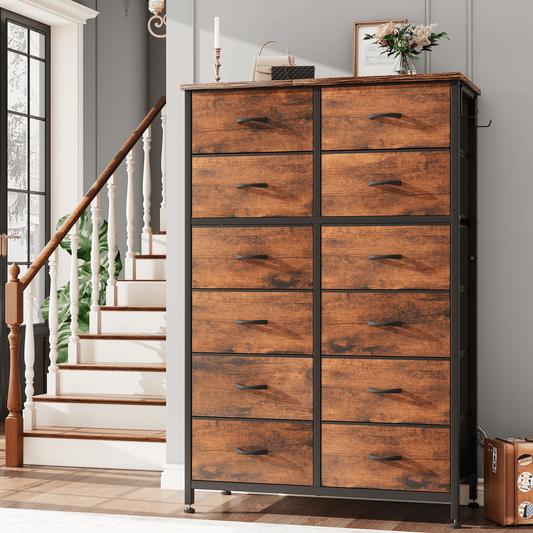 GIKPAL Tall Dresser for Bedroom 12 Drawer Brown Dresser Fabric Chest of Drawers Slim Dresser with 12 Drawers Large Dresser,Brown