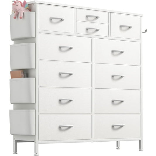Aowos 12 Fabric Drawer Dresser for Bedroom Chest of Drawers with Wooden Top, White