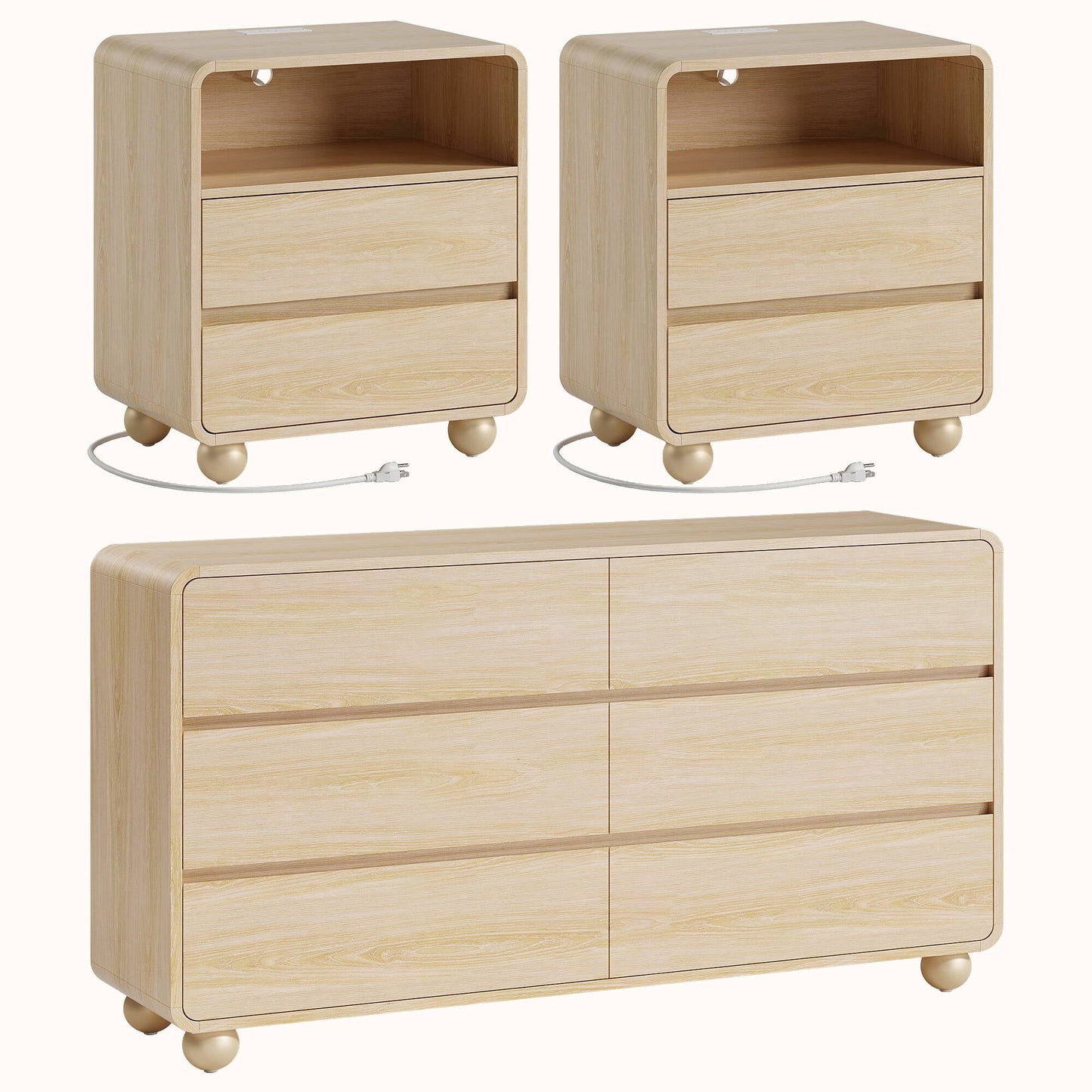 GIKPAL 3-Piece Dresser and Nightstand Sets for Bedroom, Includes 6 Drawer Dresser, Nightstand Set of 2 with Charging Station, Modern Bedroom Furniture Set, Natural