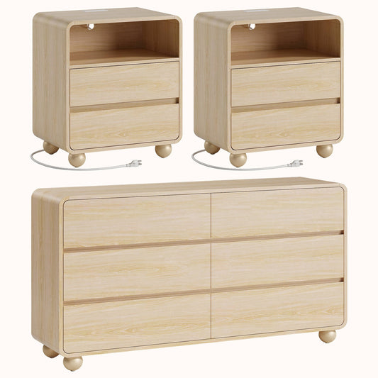 GIKPAL 3-Piece Dresser and Nightstand Sets for Bedroom, Includes 6 Drawer Dresser, Nightstand Set of 2 with Charging Station, Modern Bedroom Furniture Set, Natural