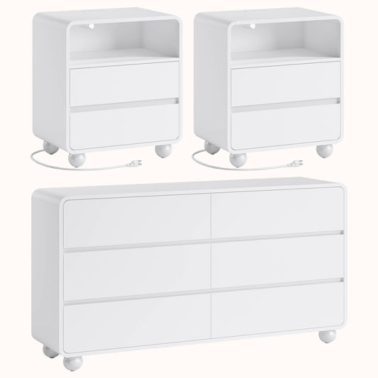 GIKPAL 3-Piece Dresser and Nightstand Sets for Bedroom, Includes 6 Drawer Dresser, Nightstand Set of 2 with Charging Station, Modern Bedroom Furniture Set, White