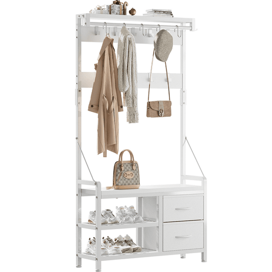 GIKPAL 32" W Hall Tree 4 in 1 Entryway Bench with Coat Rack Industrial Entryway Furniture with Shoe Bench and Storage+2 Drawers+17 Hooks, White