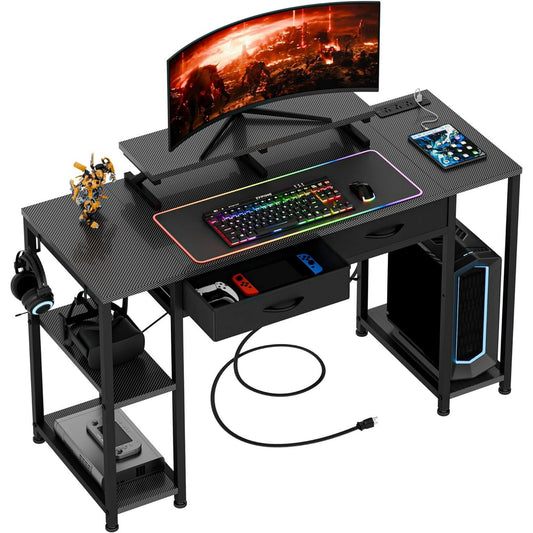 GIKPAL 47" Computer Desk,Home Office Desk with Storage Shelves and Power Outlet, Small Writing Desk with Monitor Stand, Modern Design Gaming Desk, Carbon Black