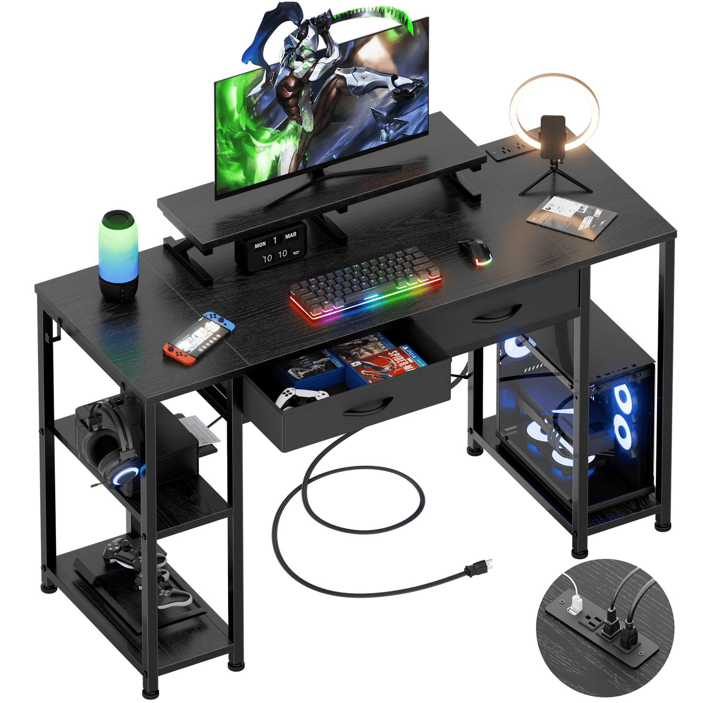 GIKPAL 47" Computer Desk Home Office Desk with Storage Shelves and Power Outlet,Writing Desk with Monitor Stand, Modern Design Gaming Desk,Black1