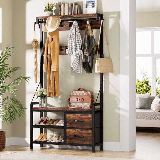 GIKPAL 5 in 1 Hall Tree, Entryway Bench with Coat Hooks Industrial Entryway Bench with 17 Hooks 2 Drawers and Top Shelf, for Hallway or Living Room, Rustic Brown