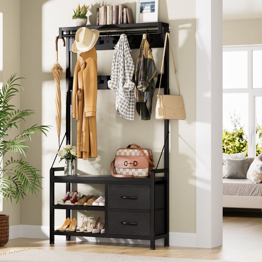 GIKPAL 5 in-1 Hall Tree, Entryway Bench with Coat Hooks Industrial Entryway Bench with 17 Hooks 2 Drawers and Top Shelf, for Hallway or Living Room, Black