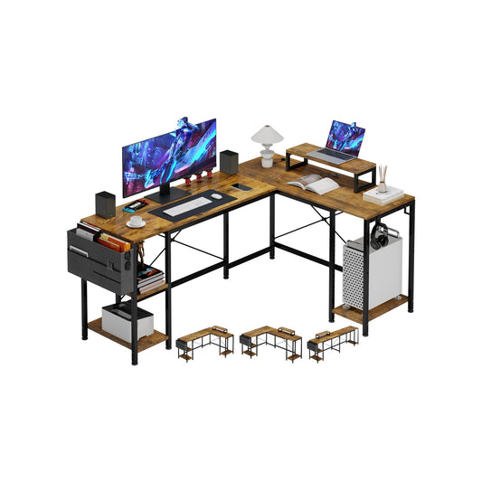 GIKPAL 59 Inch Computer Desk, L Shaped Desk with Monitor Stand, Office Desk with 3 Shelves and Storage Shelf, Home Office Desk, Rustic Brown