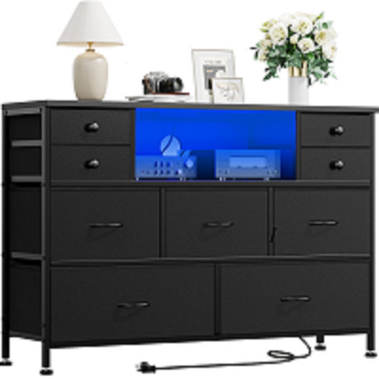GIKPAL Dresser TV Stand for Bedroom, Black Dresser with LED Lights and Charging Station, Modern Dressers Chest of Drawers with 9 Storage Drawers for Living Room