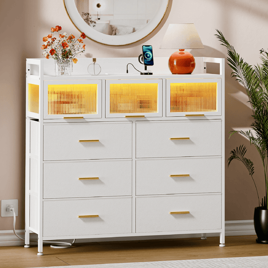 GIKPAL 6 Drawers Dresser for Bedroom, White Dresser with LED Lights and Charging Station, Modern Dressers Chest of Drawers with 3 Visual Drawers for Living Room