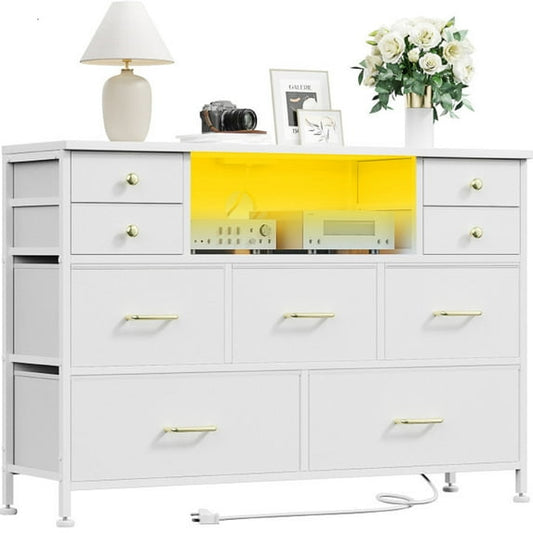 GIKPAL Dresser TV Stand for Bedroom, White Dresser with LED Lights and Charging Station, Modern Dressers Chest of Drawers with 9 Storage Drawers for Living Room