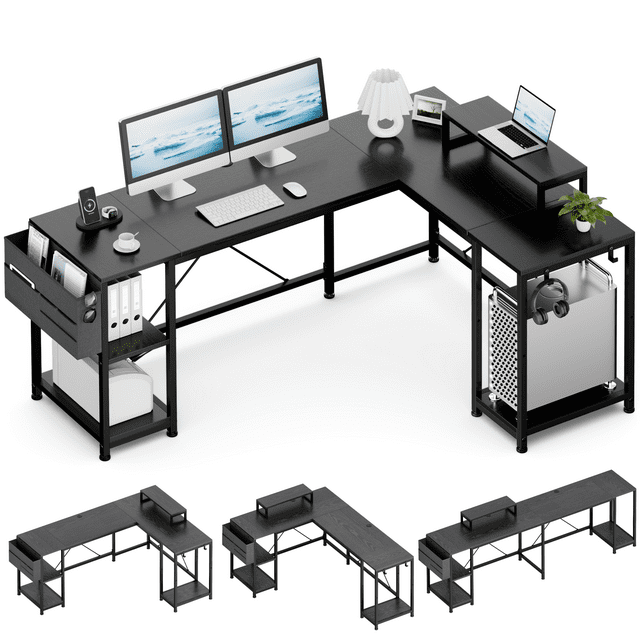 GIKPAL 66 Inch L-Shaped Desk , Reversible Large Desk with 3 Shelves/Monitor Stand/Storage Bag/Hooks,Corner Desk Writing Desk for Home Office, Black