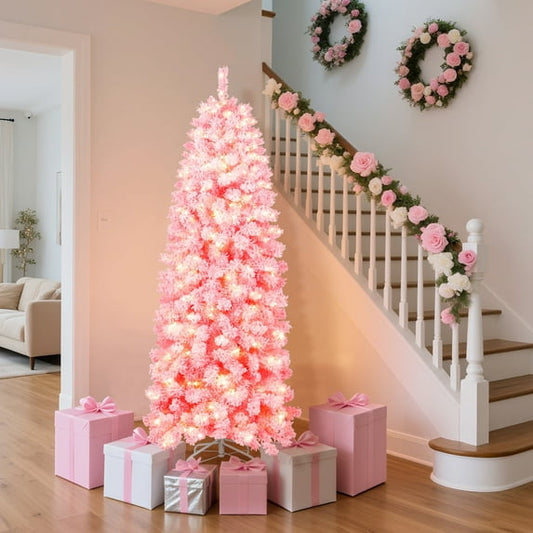 GIKPAL 6FT Pre-Lit Pink Snow Flocked Slim Pencil Christmas Tree, 200 Warm White LED Lights & Sturdy Metal Stand