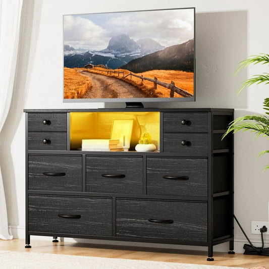 GIKPAL Dresser with Power Outlets and LED Lights, 9 Drawers Dressers for Bedroom with Side Pocket, Chest of Drawers Black Dresser with Sturdy Frame & Wood Top for up to 55" TV