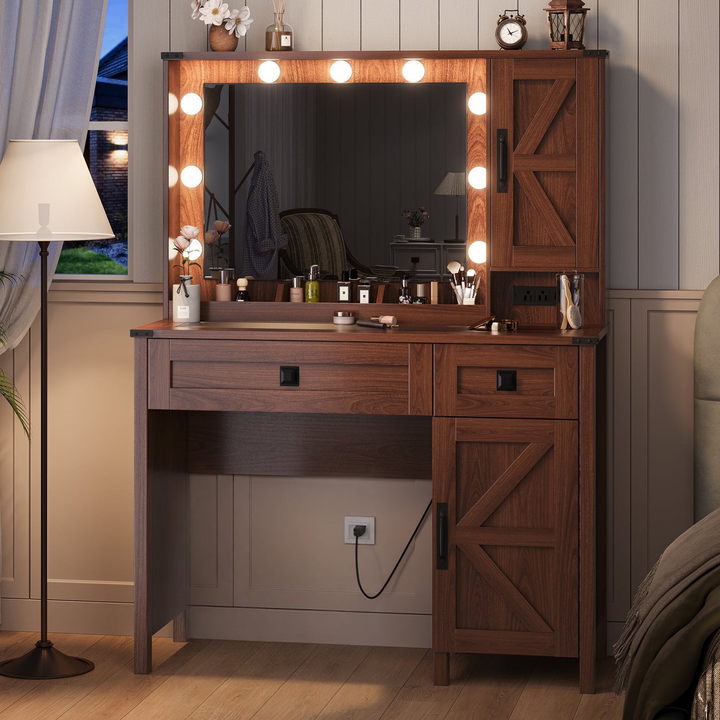 GIKPAL Vanity Set with Mirror & Lights, Get Ready Station Vanity with Storage Drawers & Glass Top, Farmhouse Vanity Desk with Power Strip, Brown
