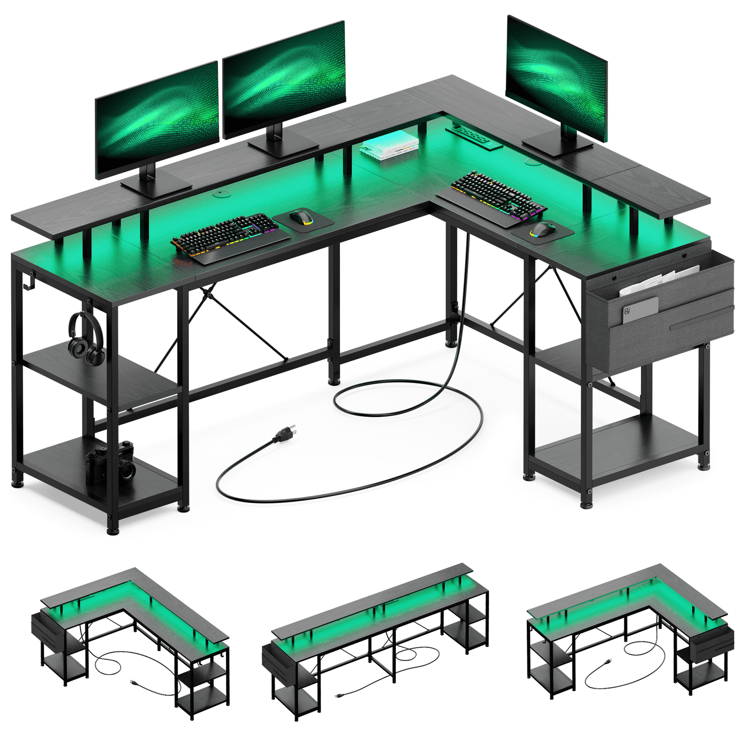 Lulive L-Shaped Gaming Desk, 95" Reversible Corner Computer Desk with Power Outlet & LED Strip, Home Office Desk with Monitor Stand, Storage Shelf and Storage Bag, Black