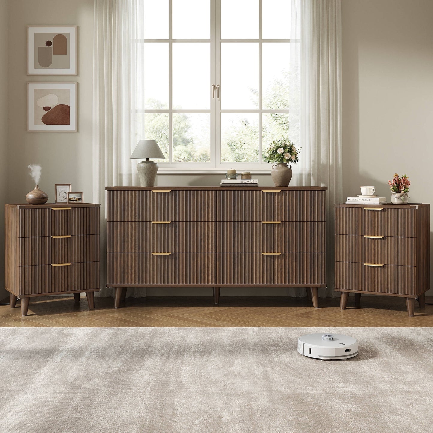 GIKPAL Bedroom Dresser and Nightstand 3 Piece Set - Includes Boho Double 6 Drawer Storage Dresser, Nightstand Set of 2 with Charging Station, Modern Bedroom Set, Walnut