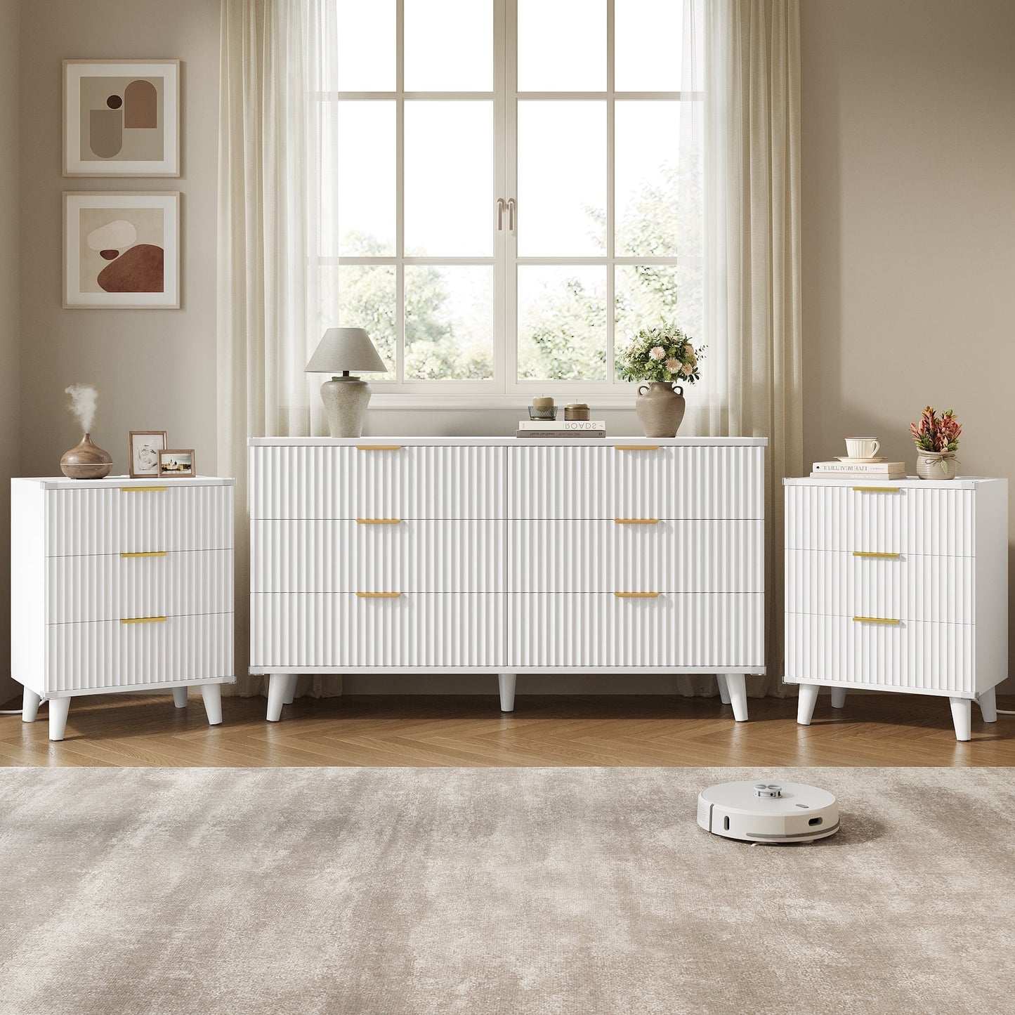 GIKPAL Bedroom Dresser and Nightstand 3 Piece Set - Includes Boho Double 6 Drawer Storage Dresser, Nightstand Set of 2 with Charging Station, Modern Bedroom Set, White