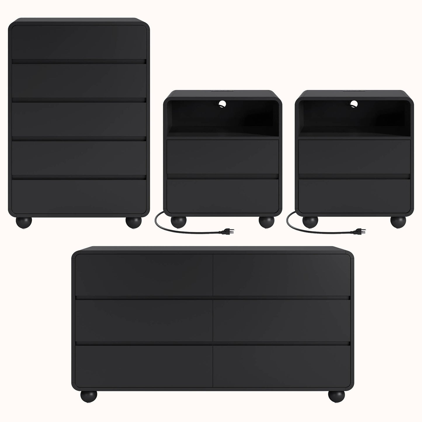 GIKPAL Bedroom Furniture Set of 4, Includes 6 Drawer Dresser, 5 Drawer Dresser, Nightstand Set of 2 with Charging Station, Modern Wood Dresser and Nightstand Sets, Black