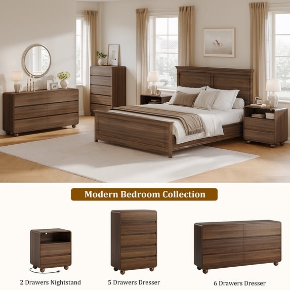 GIKPAL Bedroom Furniture Set of 4, Includes 6 Drawer Dresser, 5 Drawer Dresser, Nightstand Set of 2 with Charging Station, Modern Wood Dresser and Nightstand Sets, Walnut
