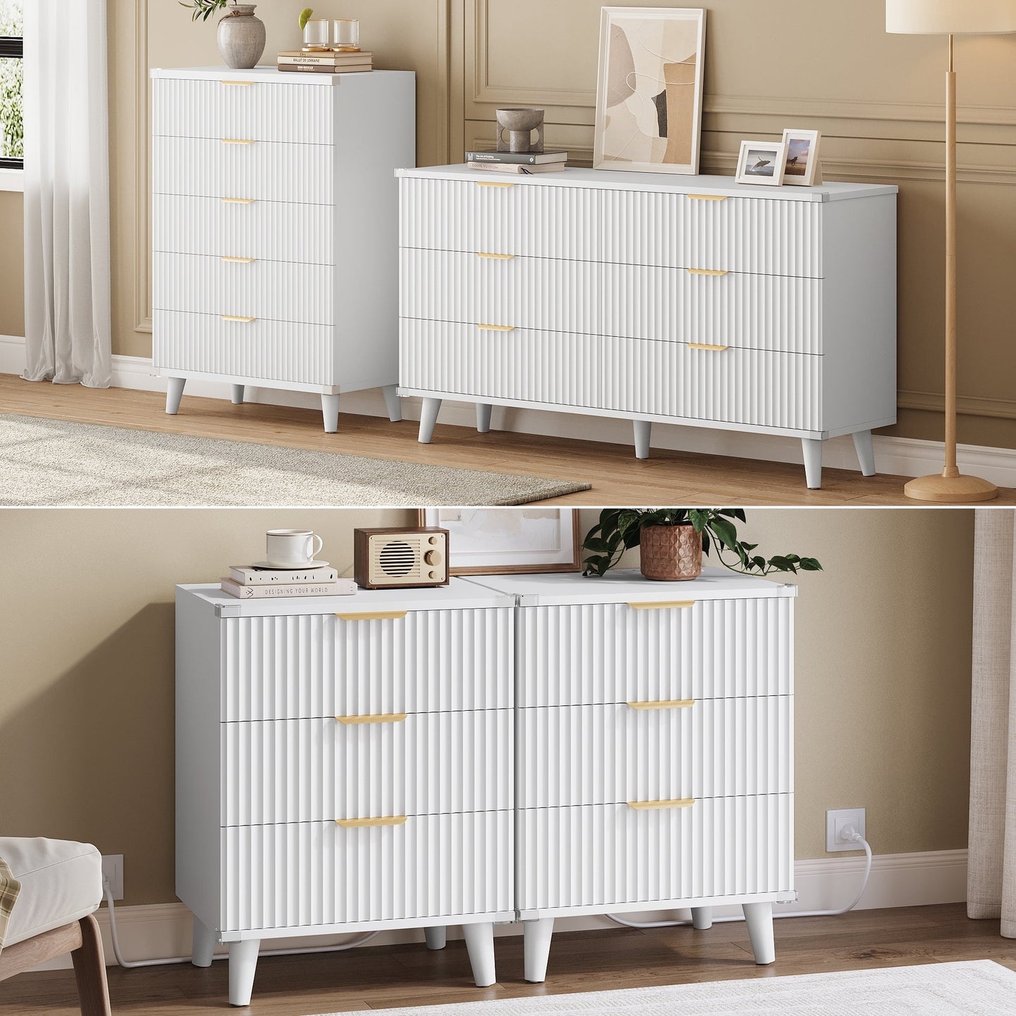 GIKPAL Bedroom Furniture Set - Includes 6 Drawer Dresser & 5 Drawer Dresser & 3 Drawer Nightstand Set of 2 with USB, Boho Dresser and Nightstand Sets, White