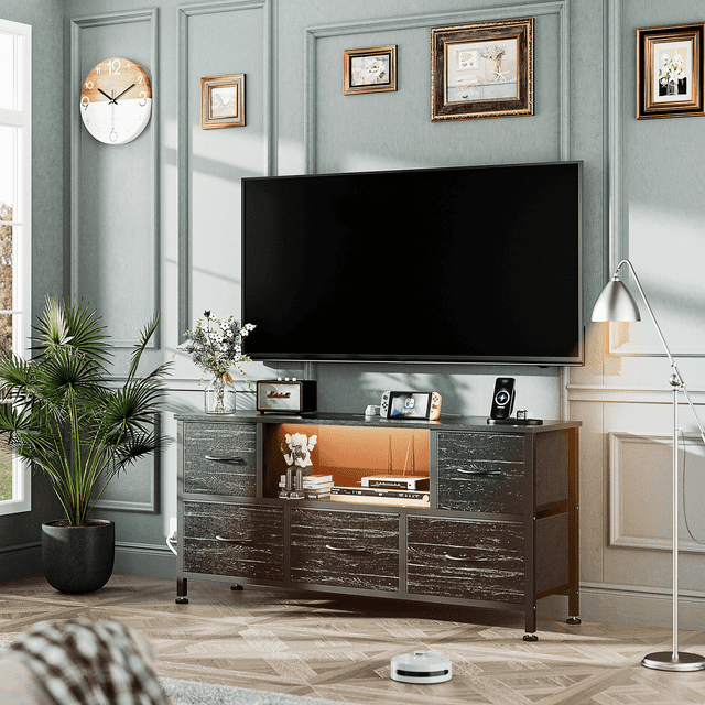 GIKPAL Fits 50" TV Stand Dresser for 45" 50" TV, Dresser TV Stand for Bedroom with 5 Drawers with LED Lights & Power Outlets Long Fabric Dresser Entertainment Center, Black
