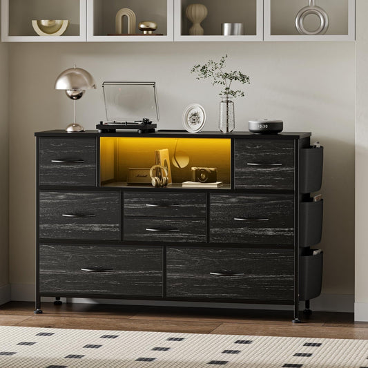 GIKPAL Dresser with Power Outlets and LED Lights, 5 Drawers Dresser with Side Pocket, Fabric Chest of Drawers Small Dresser with Sturdy Frame & Wood Top for up to 45" TV, Black